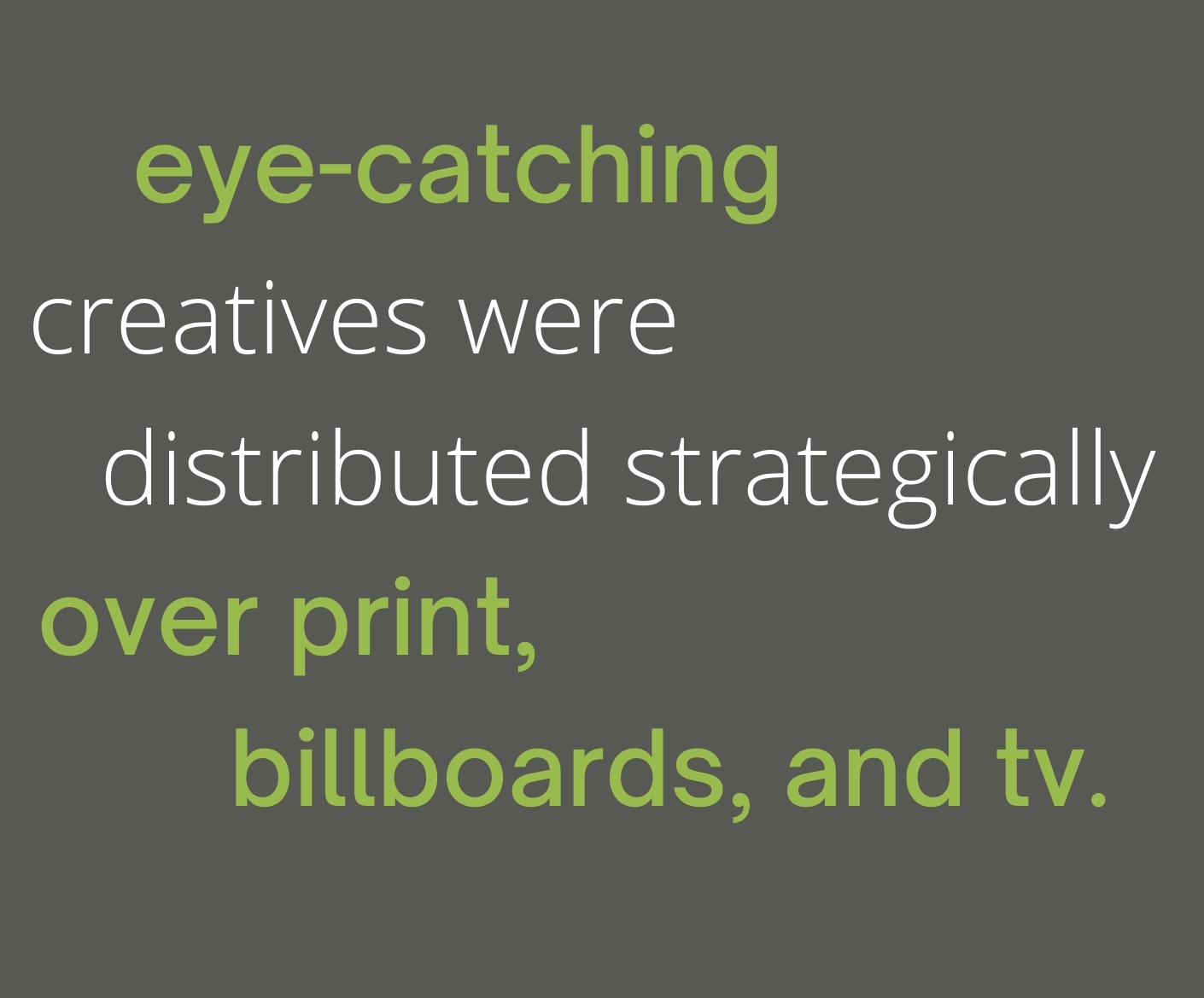 eye-catching creatives were distributed strategically over print, billboards, and tv.